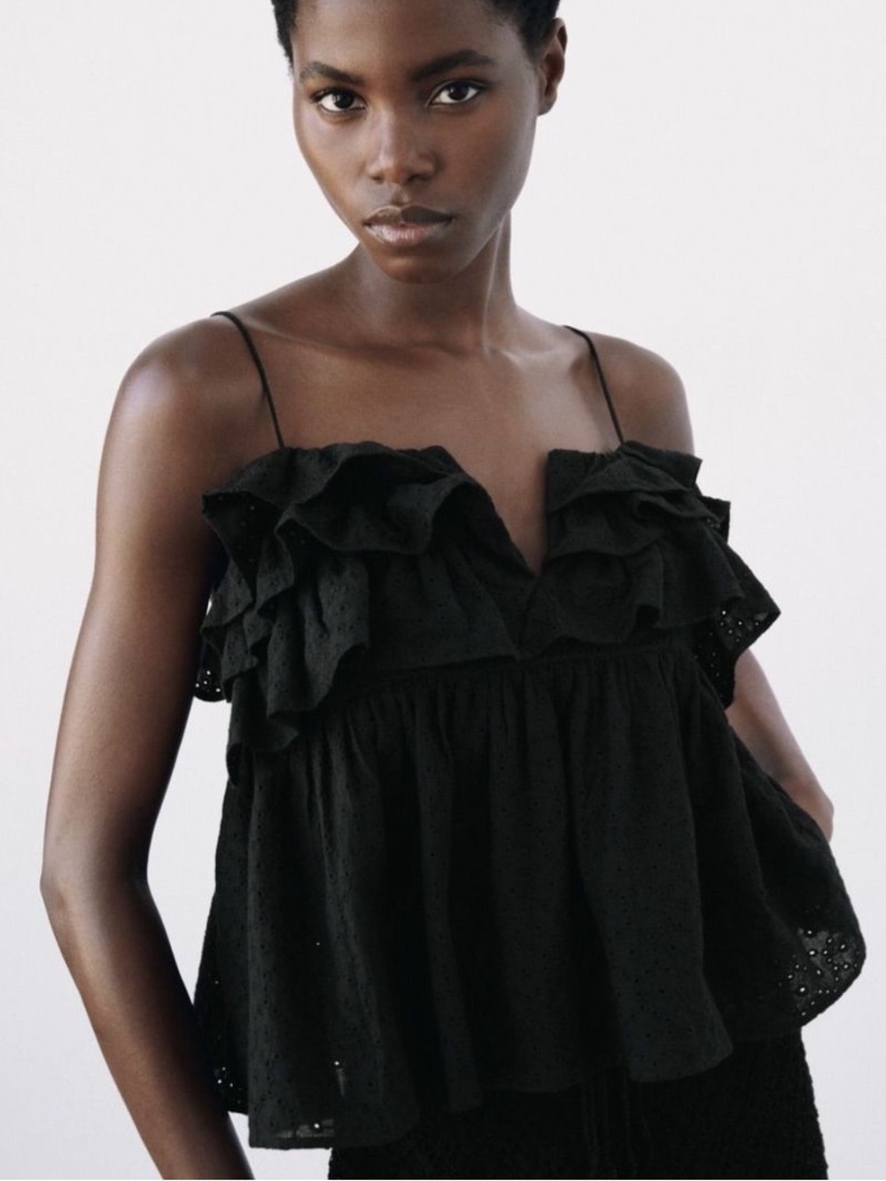 Zara Black Ruffle Eyelet Tank Top Size XS